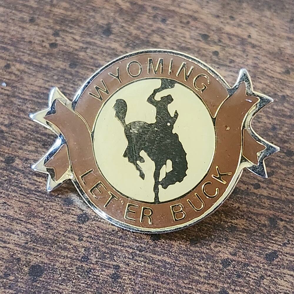 Wyoming Let'er Buck Enamel Lapel Pin Cowboy Rodeo Bronco Souvenir Badge Tack Hat